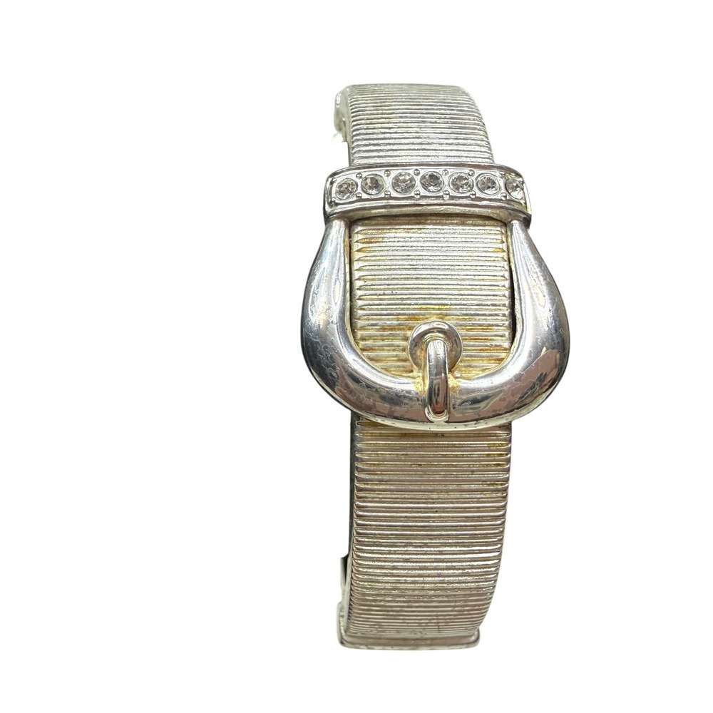 Vintage Silver Tone Buckle Rhinestone Hinged Bangle Bracelet Ribbed Fashion